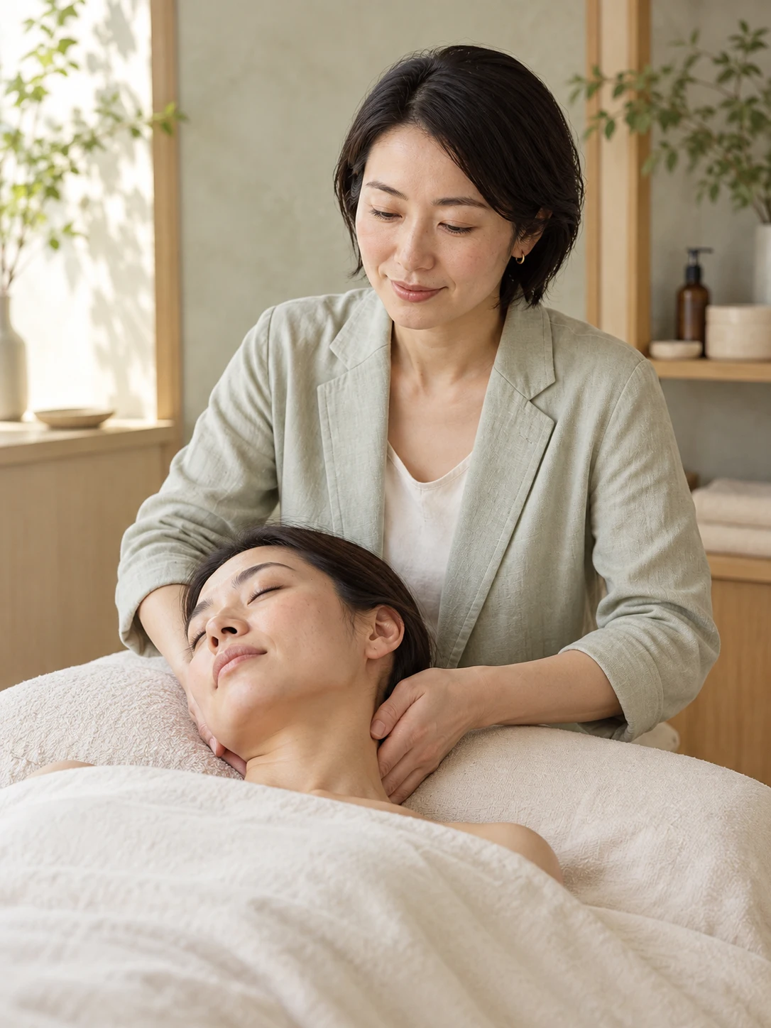 フェイスライン巡りケア：首・肩ストレッチ